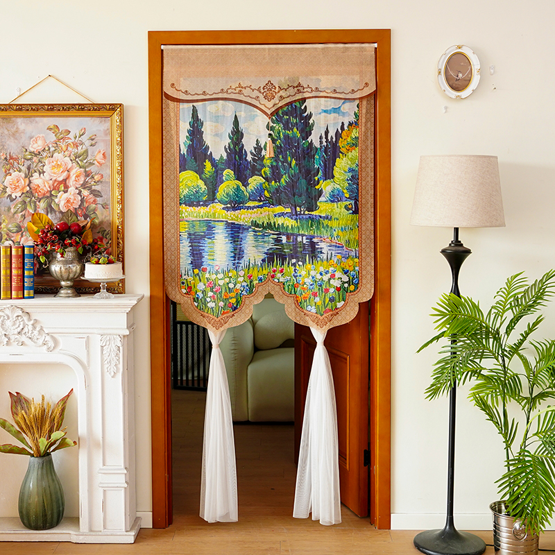 复古油画门帘纱帘免打孔隐私遮挡