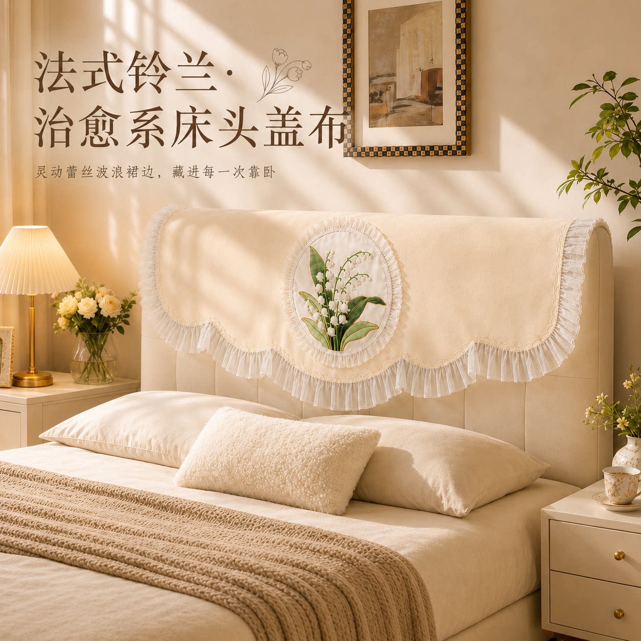 法式铃兰床头盖巾轻奢绒布床头罩图片