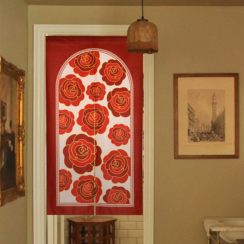 泰绣轻奢结婚房卧室门帘免打孔红色喜庆隔断帘婚礼半帘遮挡帘家用