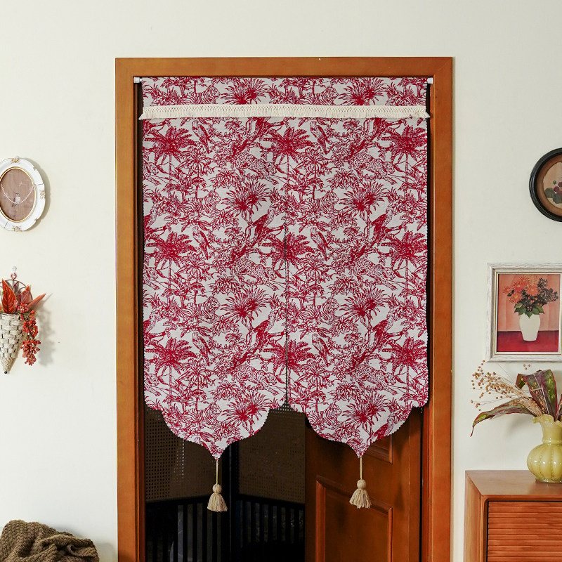 美式轻奢红色门帘免打孔隔断帘子