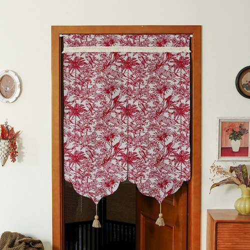 美式轻奢红色门帘免打孔隔断帘子