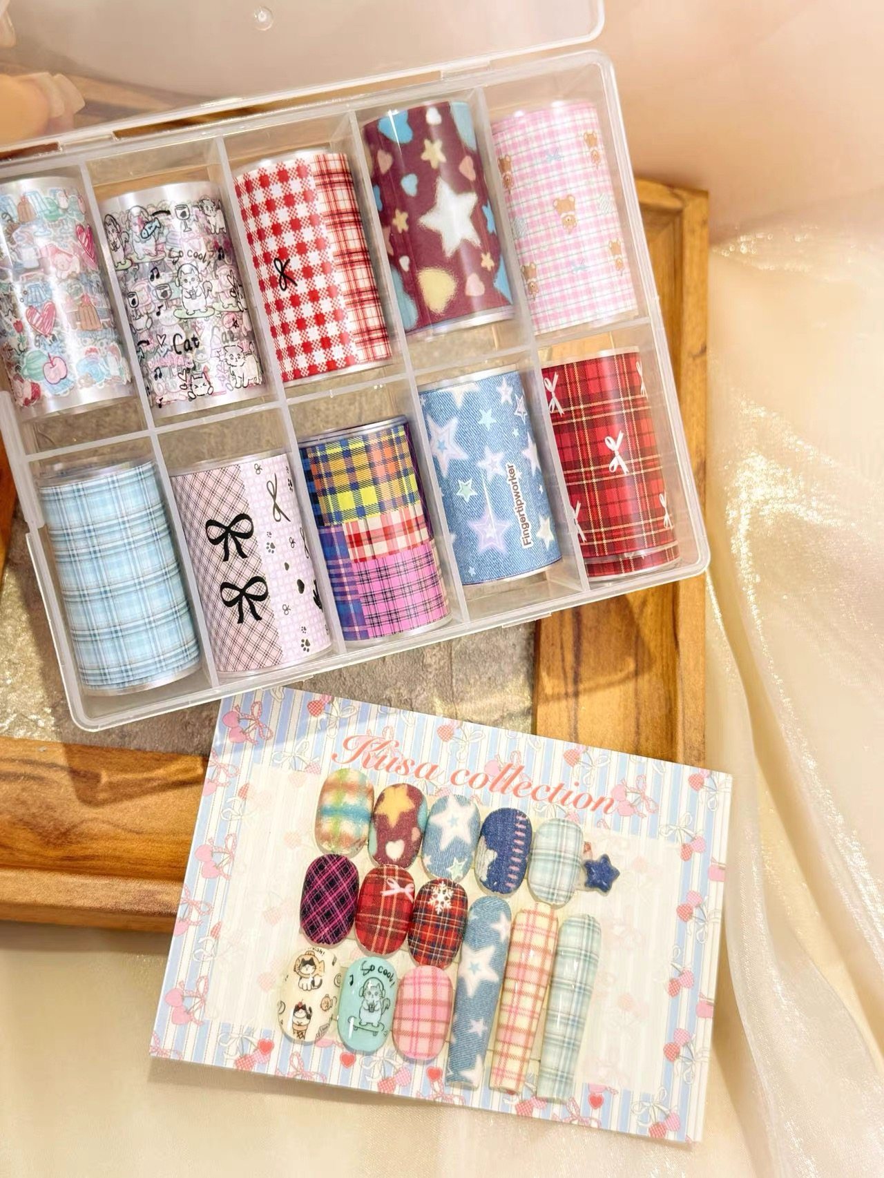 手绘涂鸦风个格纹牛仔纹转印纸蝴蝶结星星可爱美甲穿戴甲饰品