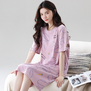 睡裙女夏季 全棉夏天宿舍学生女生卡通中裙睡衣家居服外穿 纯棉短袖