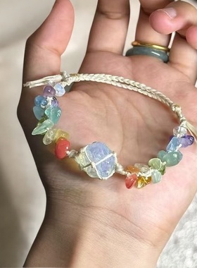 水晶蛋白石手链macrame原创手作可调节彩色碎石手绳高级情侣礼物