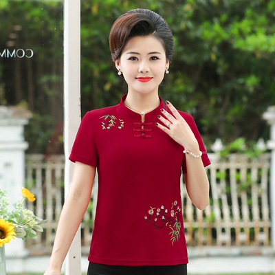 t恤民族风套头中国红立领妈妈装