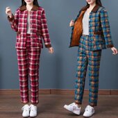 加厚羊羔绒外套中老年女装 棉袄 家居棉服睡衣格子开衫 棉衣棉裤 套装