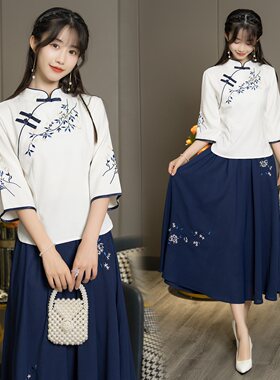 民族风女装立领绣花七分袖棉麻上衣修身小清新文艺复古唐装女茶服