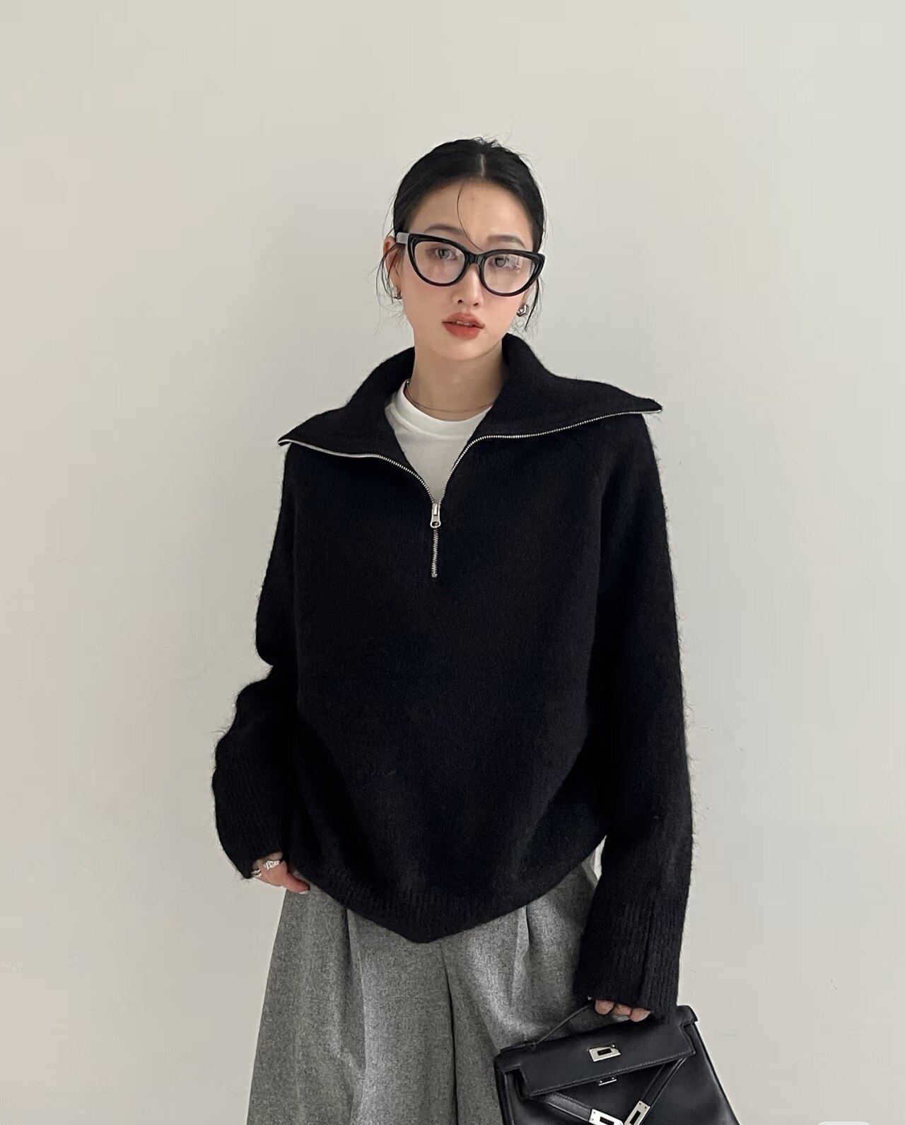 2025新款早秋香香风名媛时尚羊毛长袖针织拉链上衣女