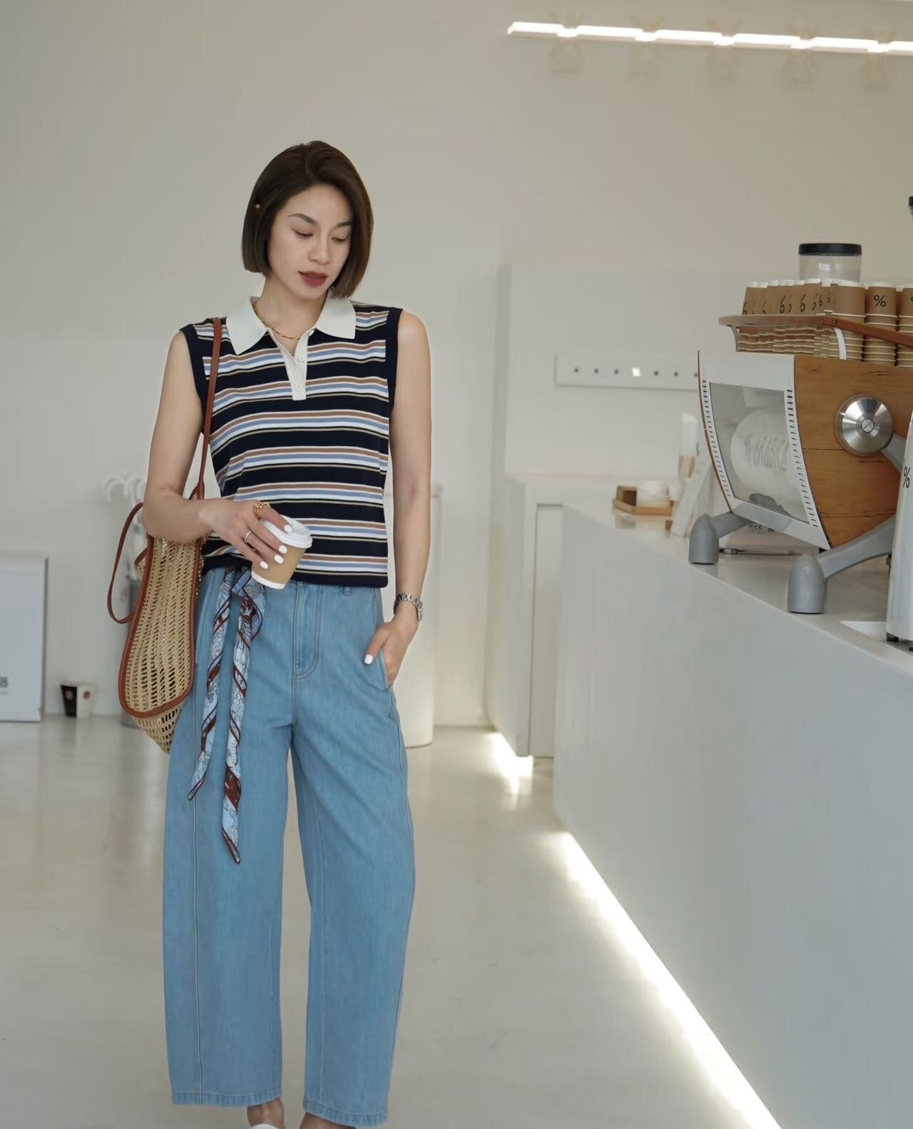 小禾亚麻蚕丝间色polo翻领背心开衫四平空转打鸡撞色间色翻领背心