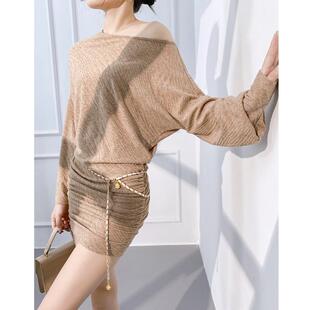 显瘦包臀连衣裙 针织短裙子修身 原创设计2025新品 春秋斜肩蝙蝠长袖