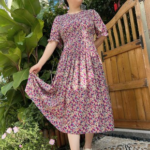 轻奢棉绸碎花裙蛋糕裙人造棉连衣裙2024夏季新款高腰长裙