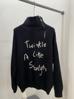 黑色侧边半拉链高领套头毛衣女美式慵懒风字母刺绣宽松显瘦针织衫