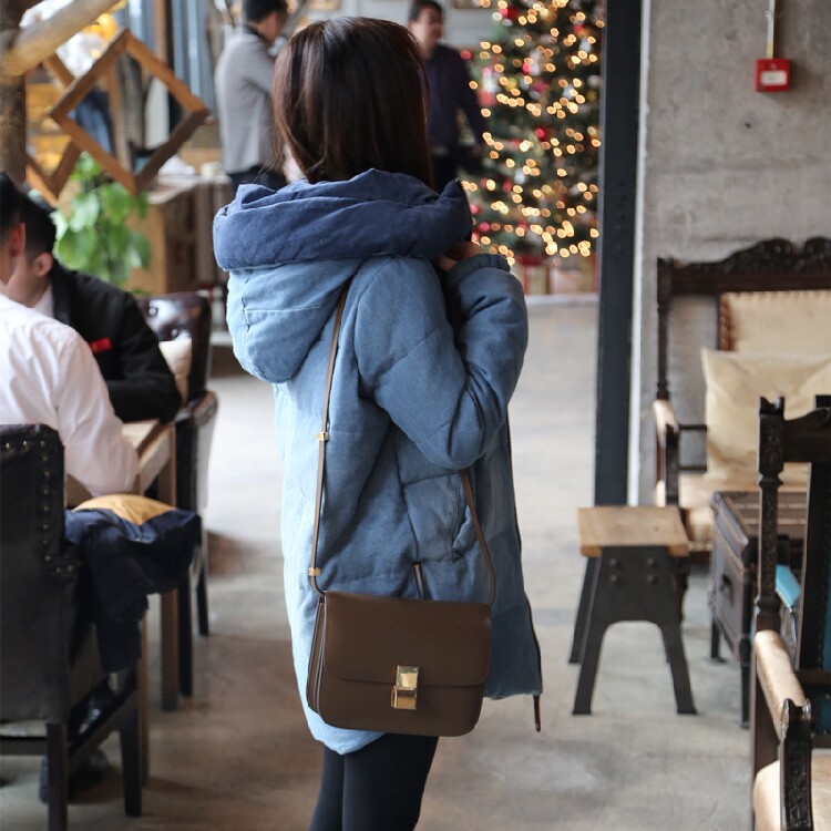 反季新款韩版宽松休闲时尚保暖显瘦连帽纯牛仔女中款羽绒服