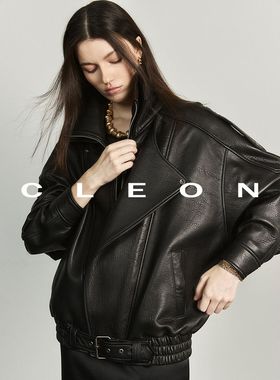 CLEON秋冬进口Y*L羊羔泡皮重工PU皮皮衣外套女廓形羊腿袖复古夹克