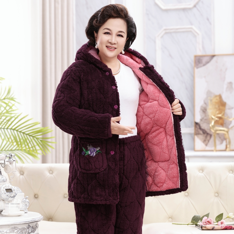 法兰绒睡衣中老年加厚妈妈家居服