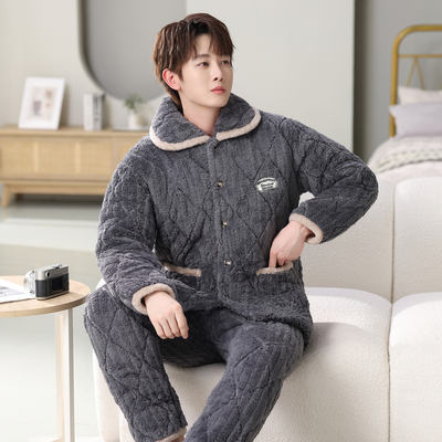 青年法兰绒睡衣保暖男时尚小翻领