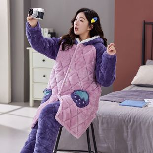 冬季长款睡袍青年三层加厚加绒夹棉可爱睡衣家居服法兰绒保暖套装