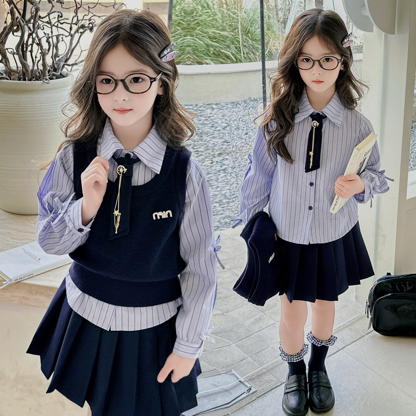 女童园服校服学院风演出服春秋儿童jk衬衫亮丝马甲衬衫裙子三件套