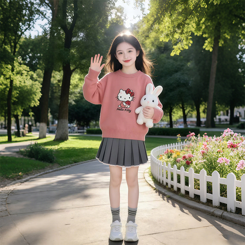 女童百褶裙2026年新款爆HelloKitty两件套潮流春秋季套装上衣儿童