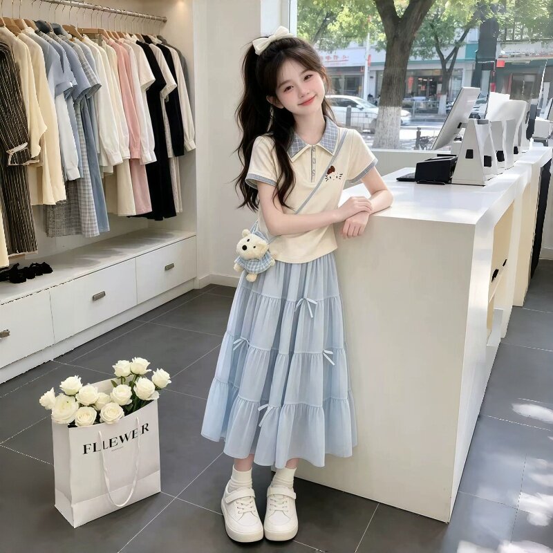 女童短袖套装夏季新款女孩T恤裙子两件套中大童学院风POLO领套装