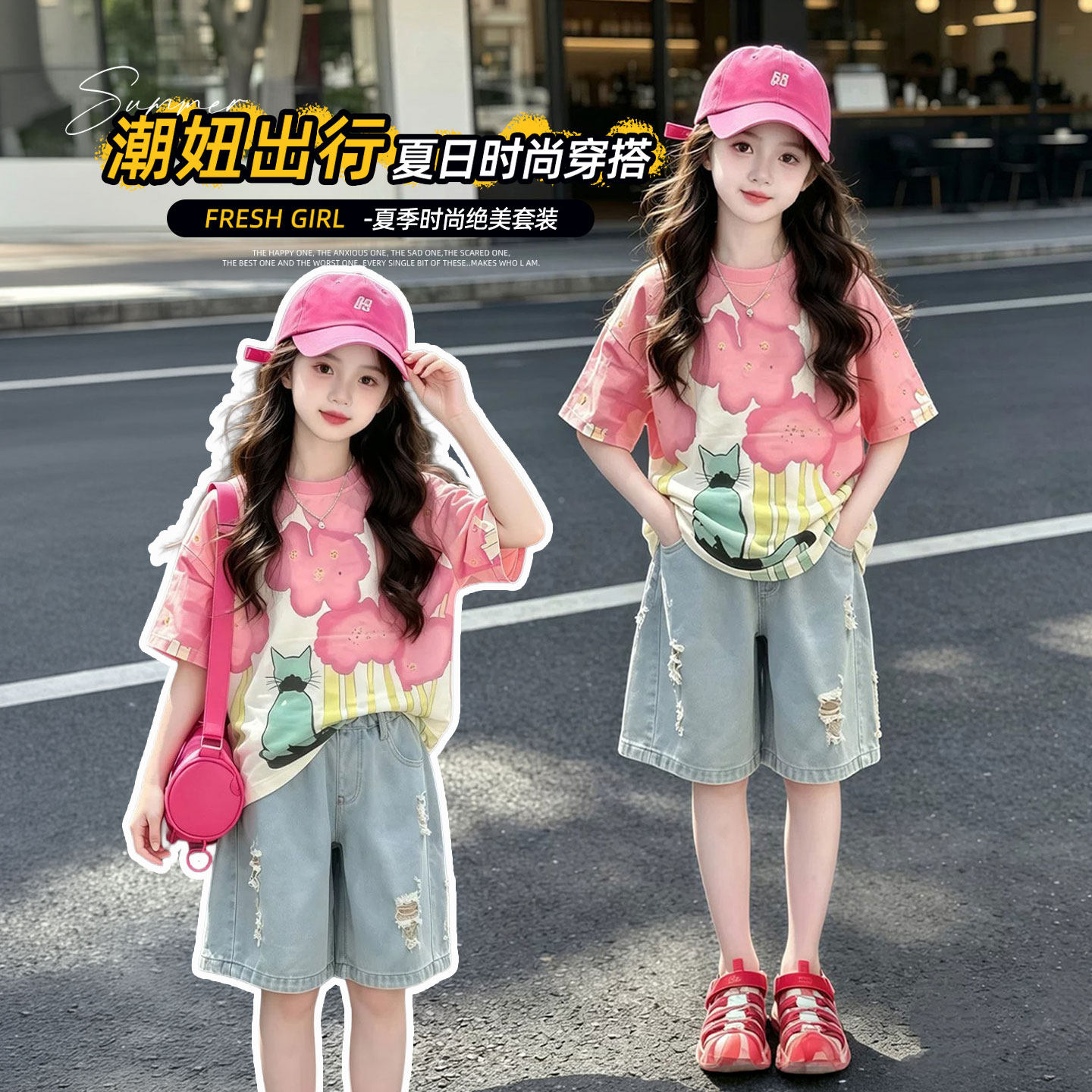 女童牛仔短裤套装夏季新款韩版女孩短袖T恤两件套中大童休闲夏装t