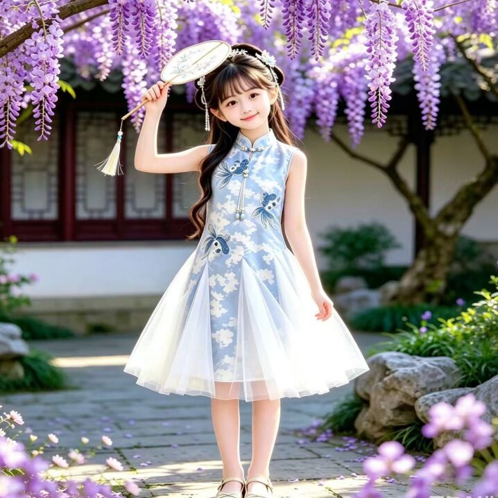 女童新中式连衣裙夏季新款长裙小中大童旗袍薄款休闲裙子女孩国风