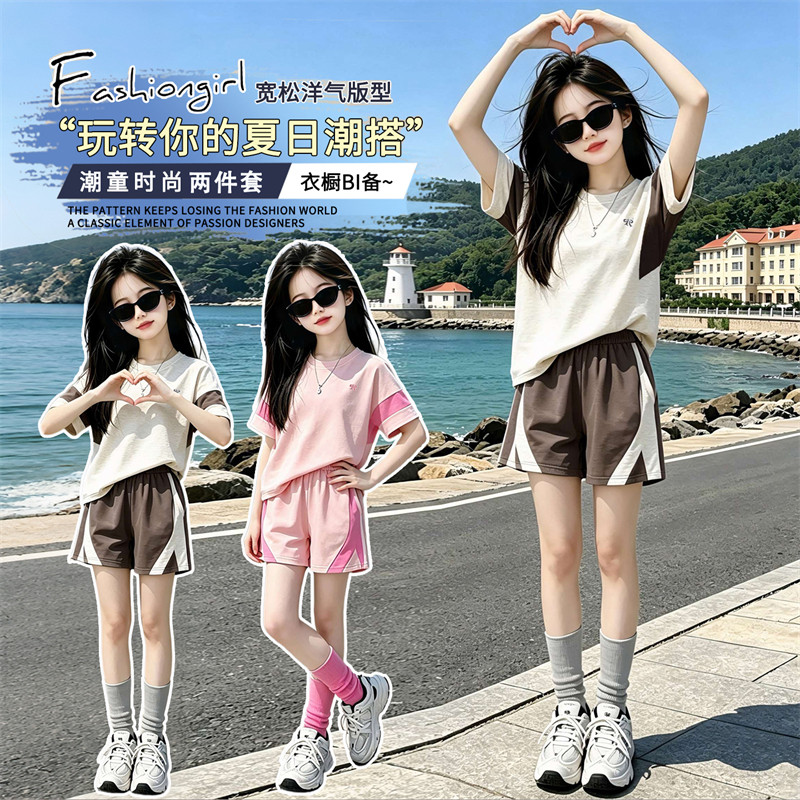 女童短袖短裤套装夏季新款女孩T恤运动热裤两件套中大童休闲夏装
