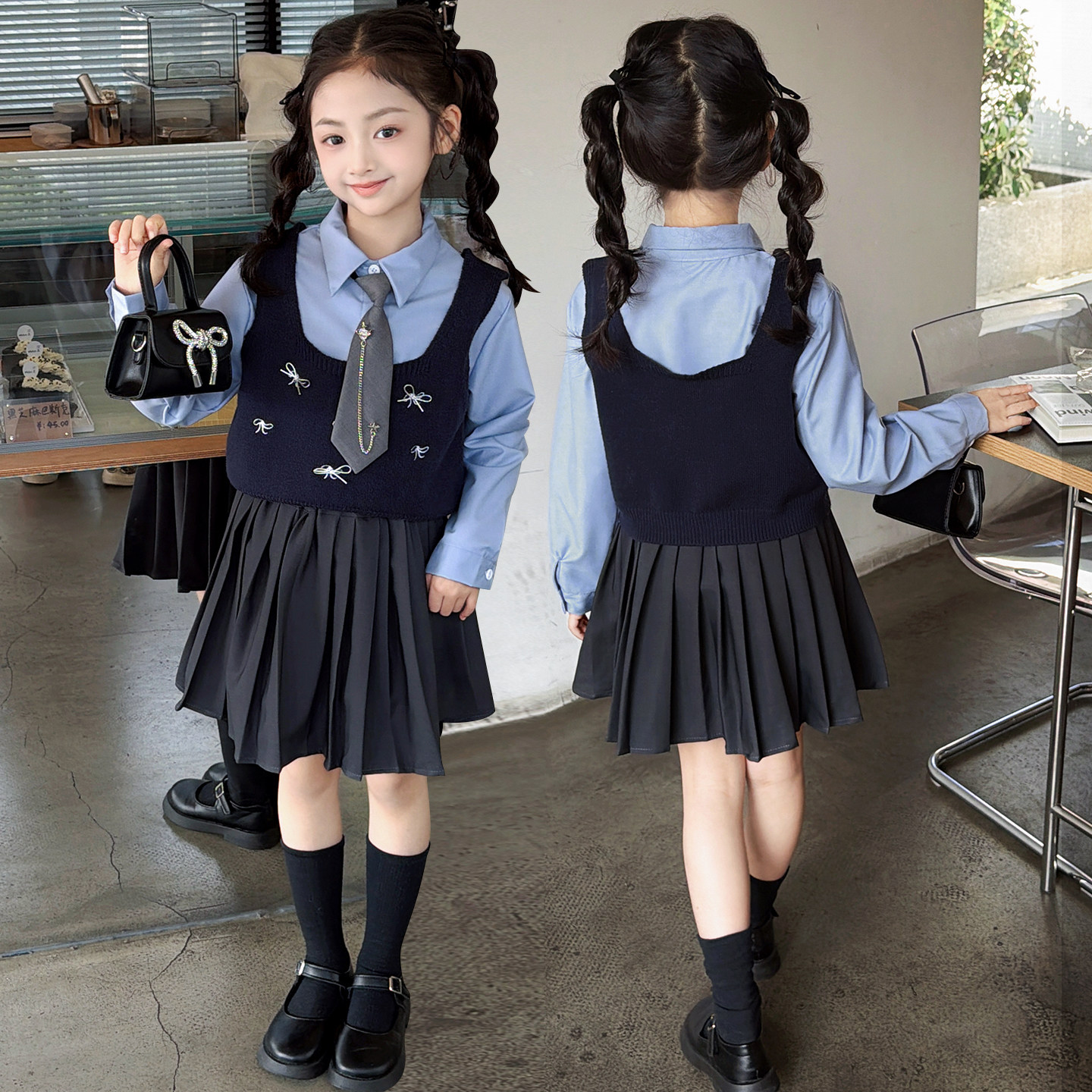 女童园服校服学院风演出服春秋儿童jk衬衫吊带马甲衬衫裙子三件套