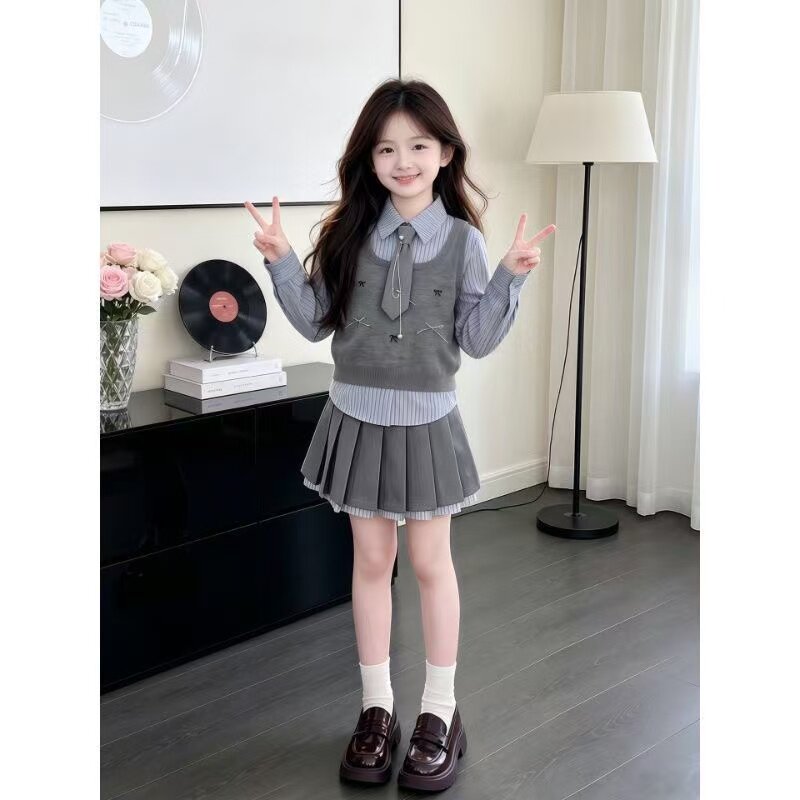 女童学院风JK套装春秋新款女孩兔子衬衫百褶裙马甲三件套秋装潮