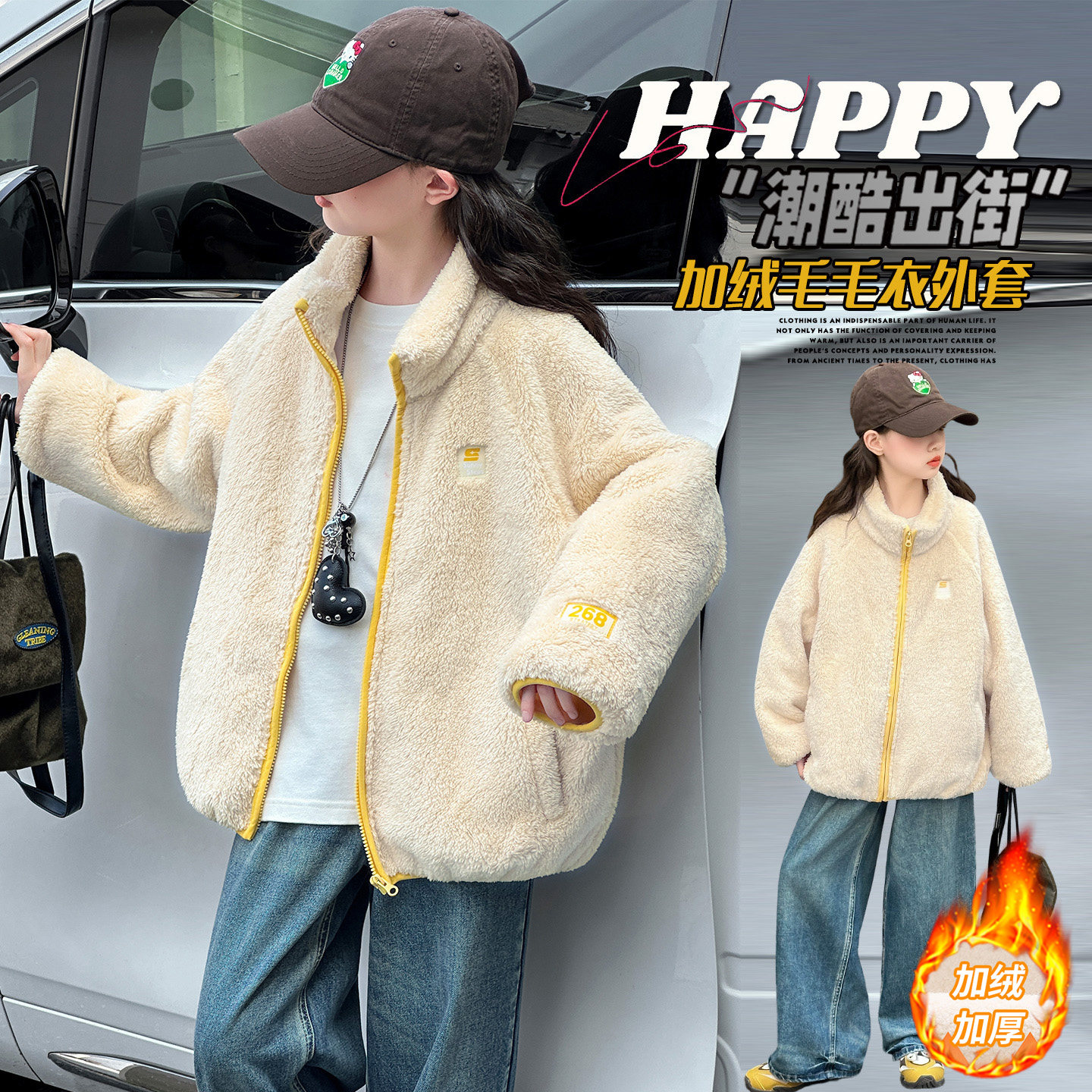 女童毛毛衣外套冬季新款儿童加绒加厚上衣女孩棉袄中大童保暖棉衣