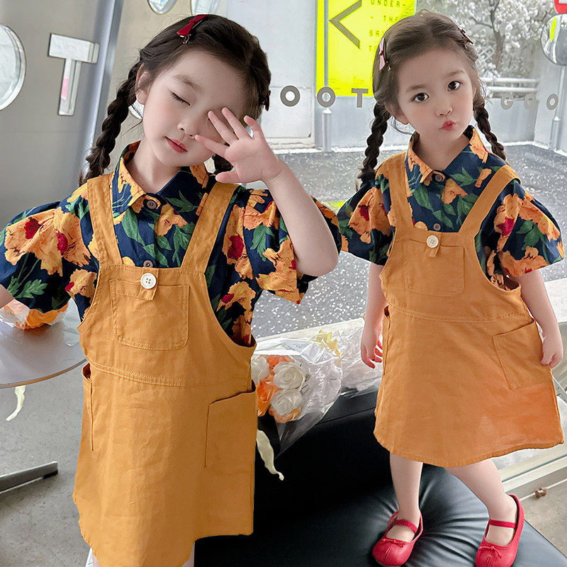 女童港风夏季复古衬衫背带裤套装
