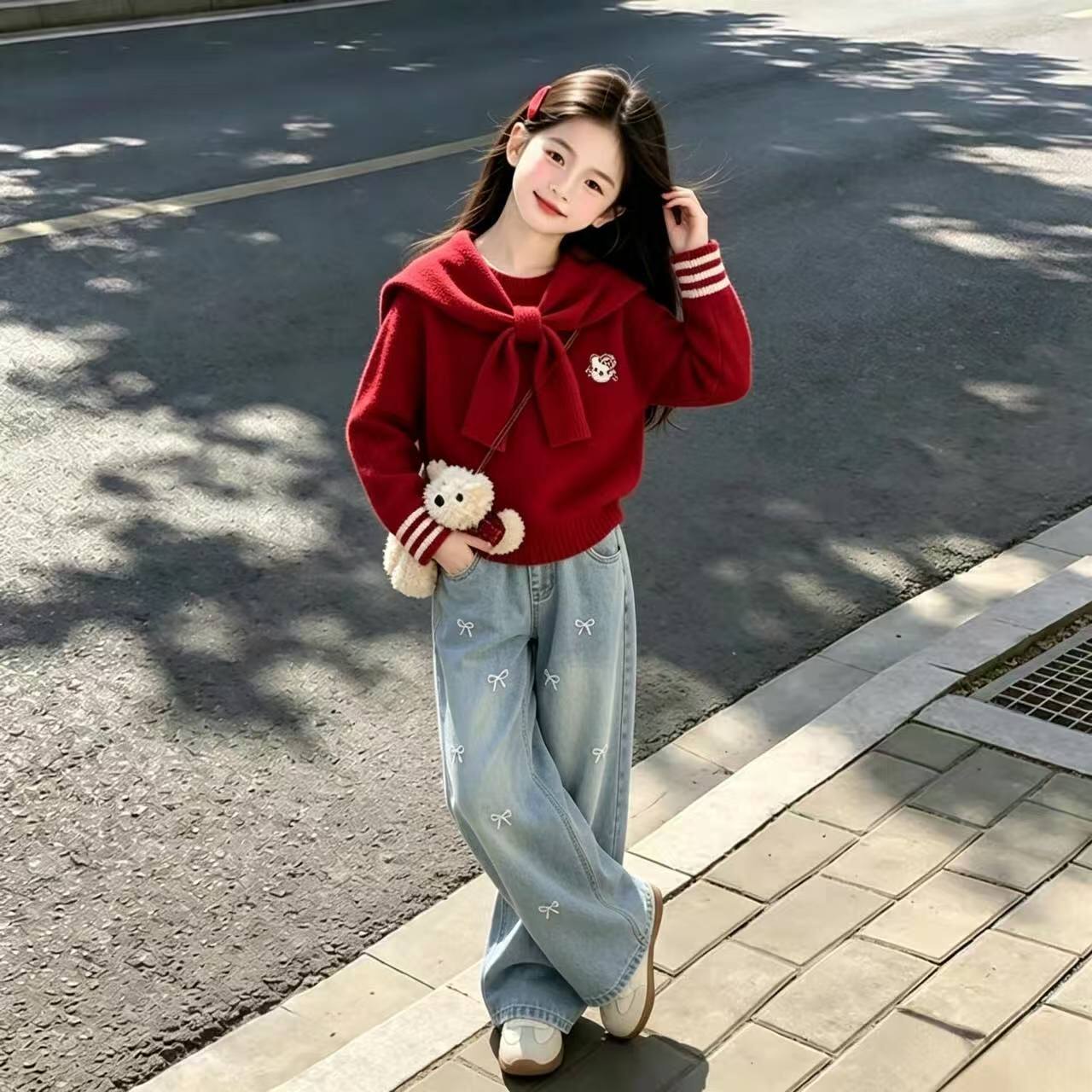 女童红色毛衣牛仔裤套装秋冬新款儿童韩版针织衫裤子两件套初秋装