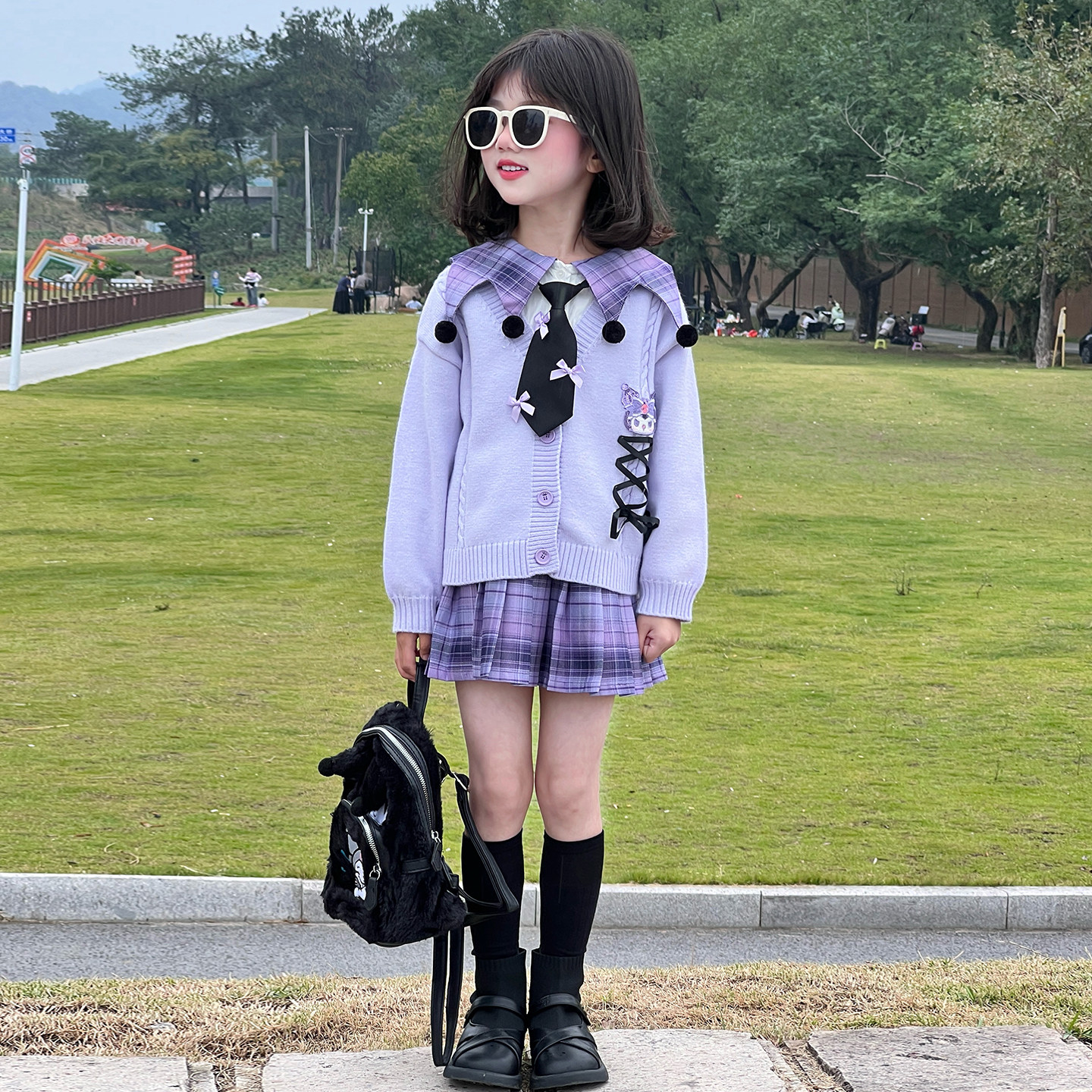 女童库洛米学院风演出服春秋儿童毛衣衬衫格子裙三件套表演cos服