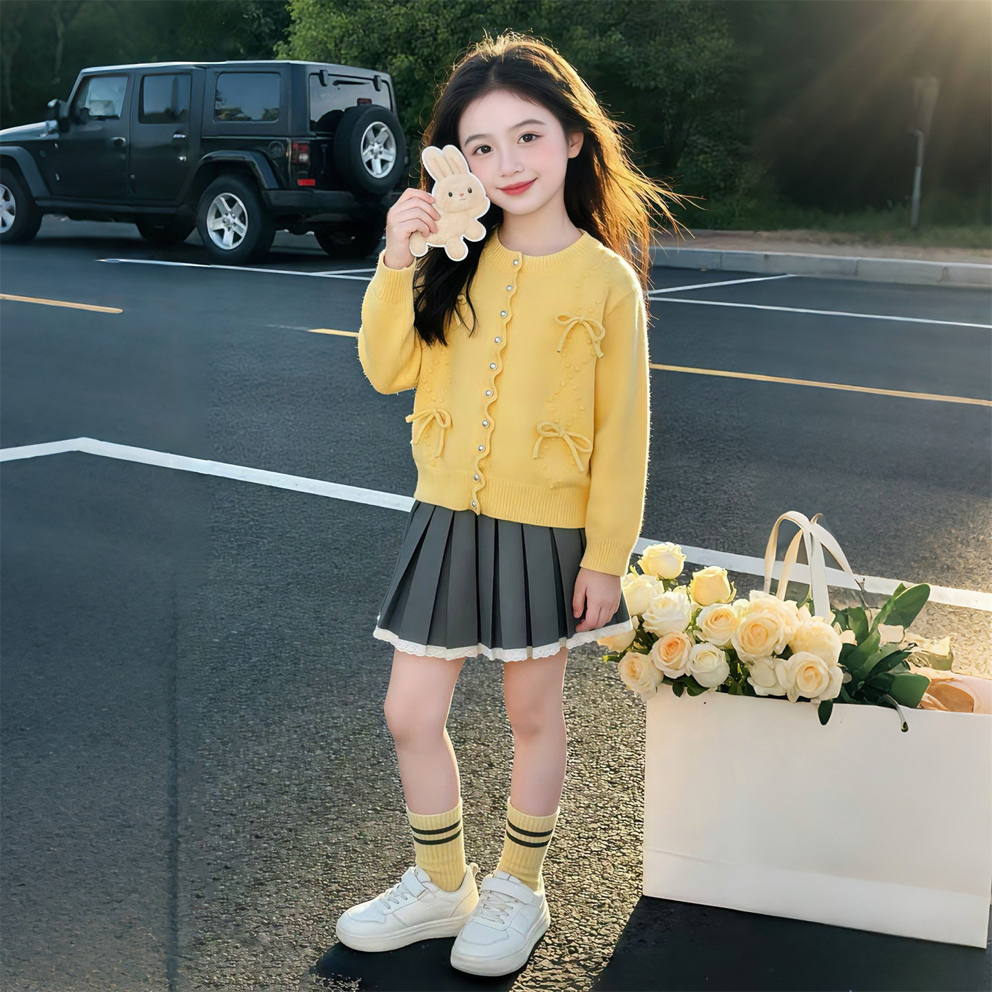 女童百褶裙2026年新款爆火毛衣开衫两件套潮流春秋季套装上衣儿童