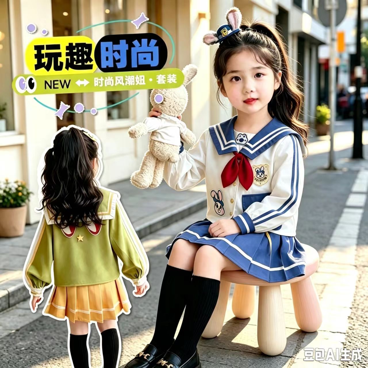 女孩朱迪套装裙春秋新款儿童尼克服学院风海军领上衣裙子两件套潮