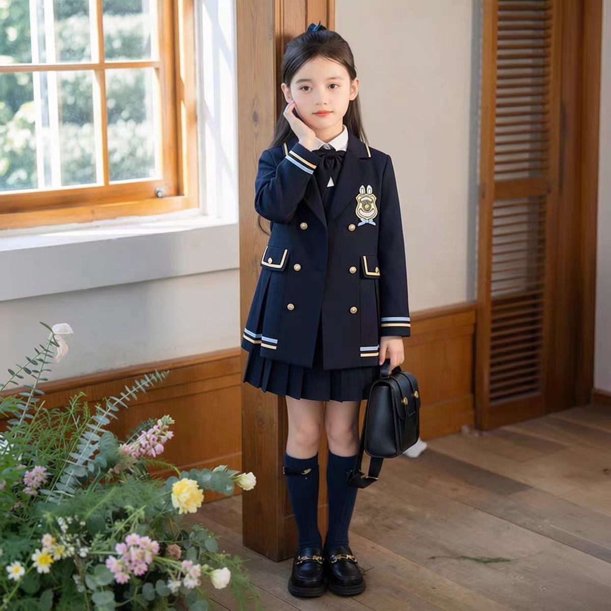 女童学院风套装春秋新款女孩西装外套假两件连衣裙班服团体演出服