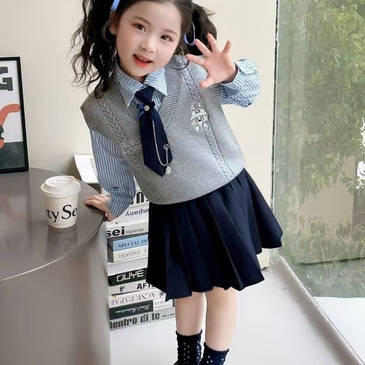 女童学院风JK套装春秋新款女孩拉布布衬衫百褶裙马甲三件套秋装潮
