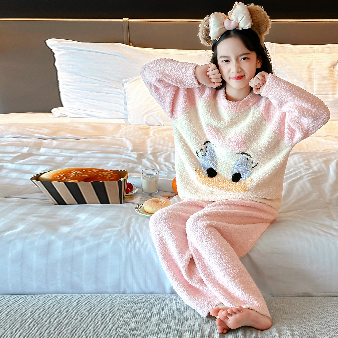 女童睡衣冬季新款儿童半边绒家居服套装女大童加绒加厚保暖两件套