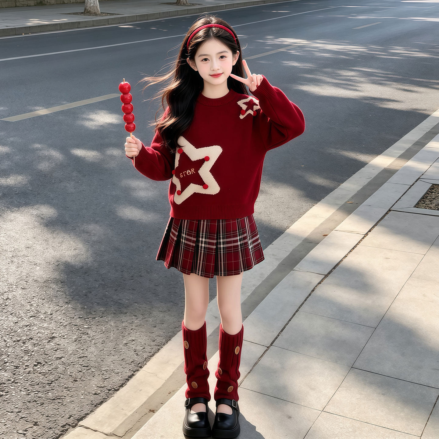 女童秋冬红色韩版百褶裙两件套