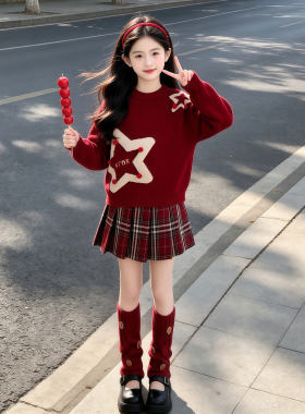 女童秋冬红色韩版百褶裙两件套