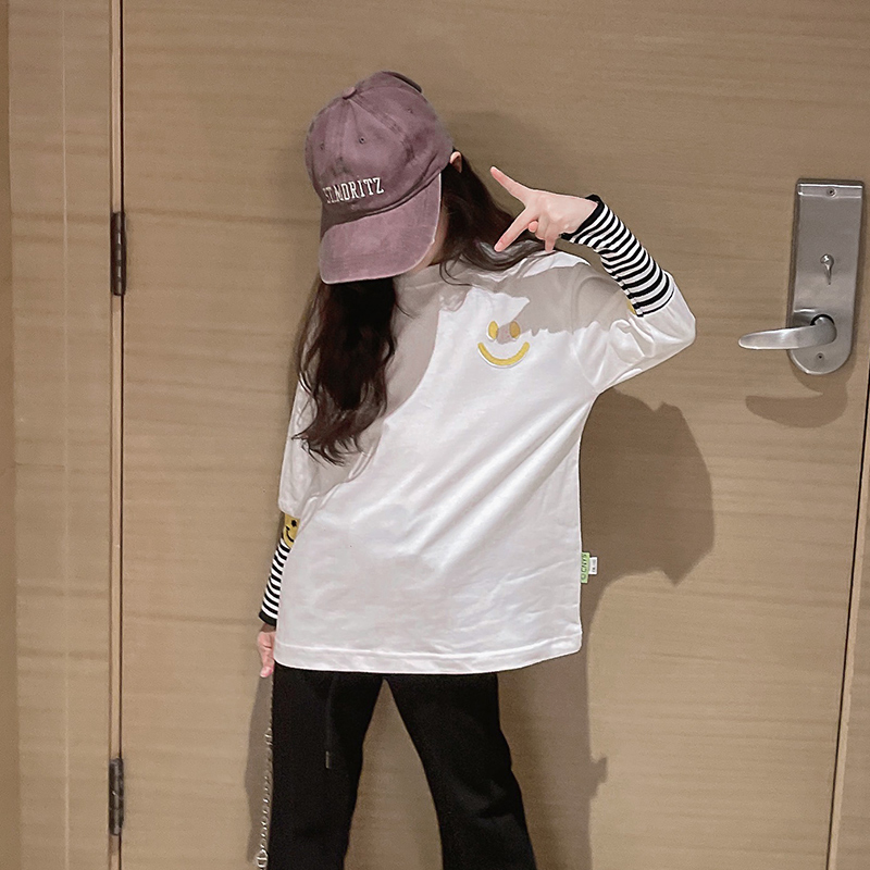 女童纯棉休闲T恤卫衣秋季新款儿童长款上衣中大童打底衫春秋童装