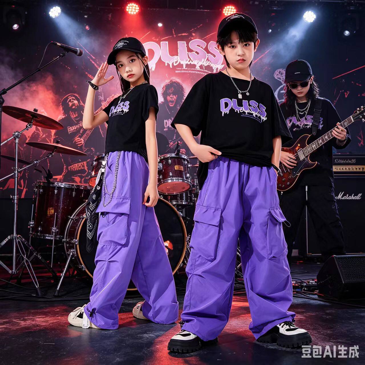 六一儿童节表演服夏款男童纯棉嘻哈街舞套装女孩爵士舞服装演出服