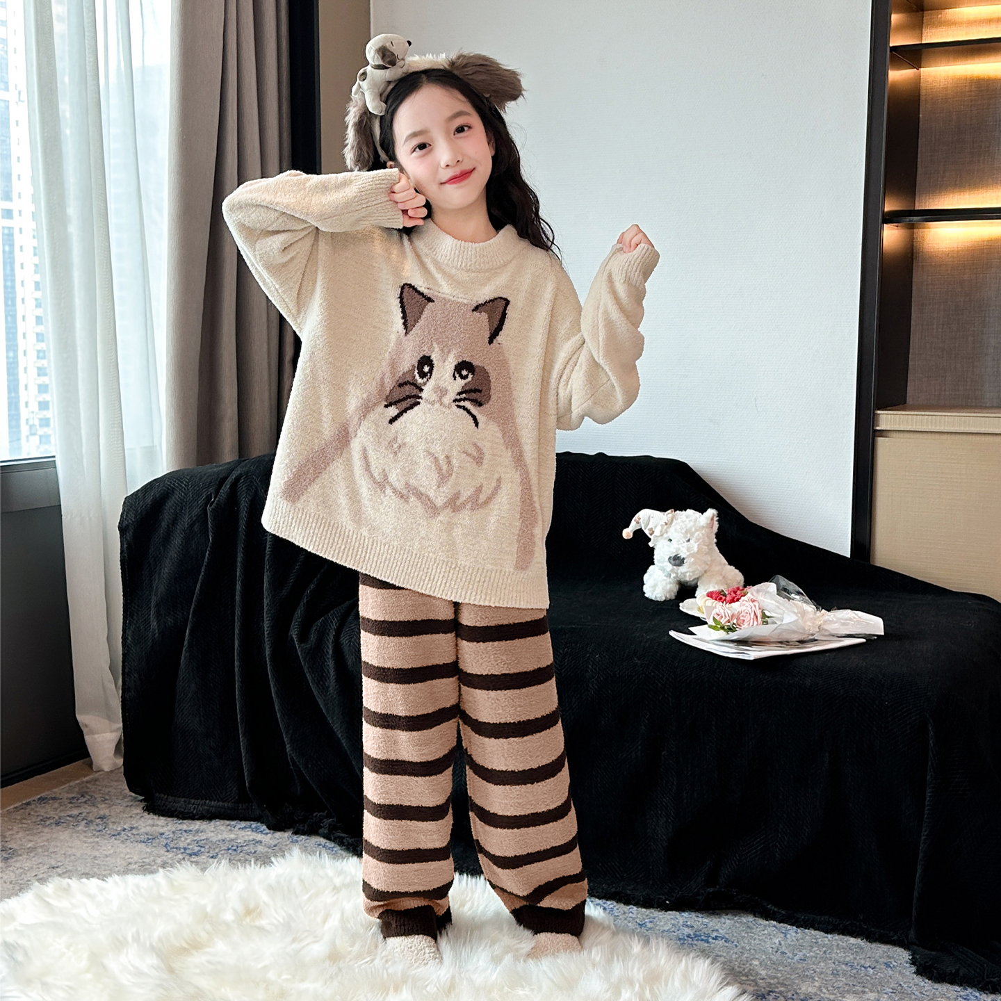 女童睡衣冬季新款儿童半边绒家居服套装女大童加绒加厚保暖两件套
