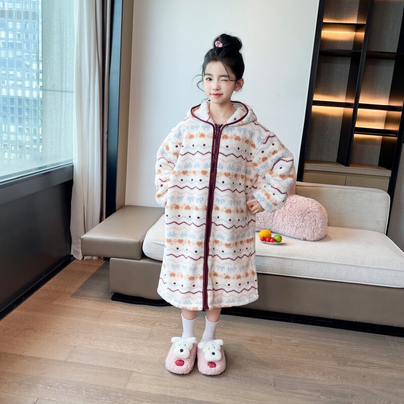 女童加绒保暖睡裙秋季新款儿童加厚家居服睡袍女孩长款睡衣童装潮