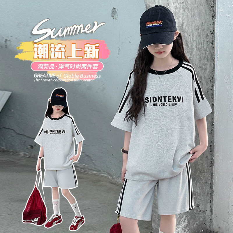 女童T恤夏季新款韩版女孩短袖短裤两件套大童运动套装休闲运动装