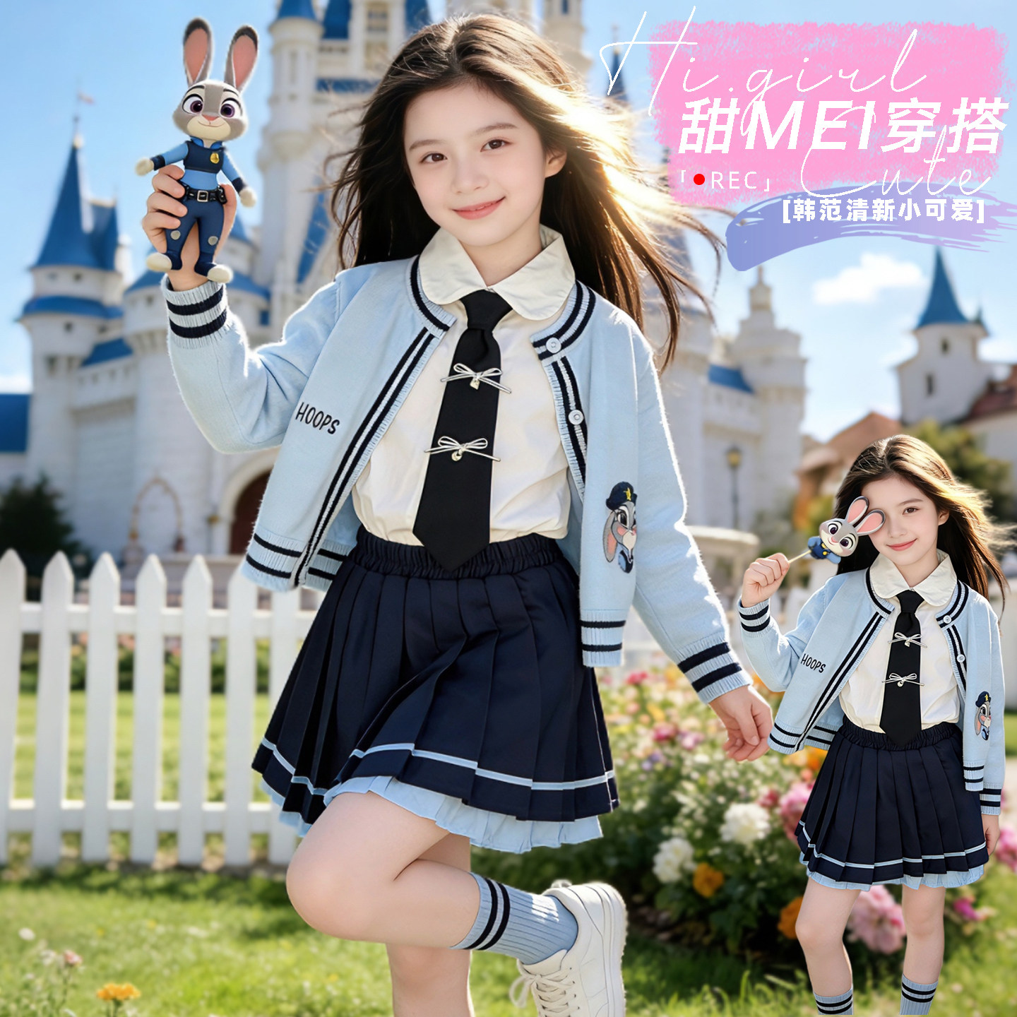 女童凯蒂猫学院风演出服春秋儿童毛衣衬衫格子裙三件套表演cos服