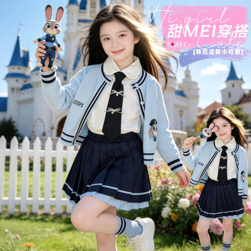 女童凯蒂猫学院风演出服春秋儿童毛衣衬衫格子裙三件套表演cos服