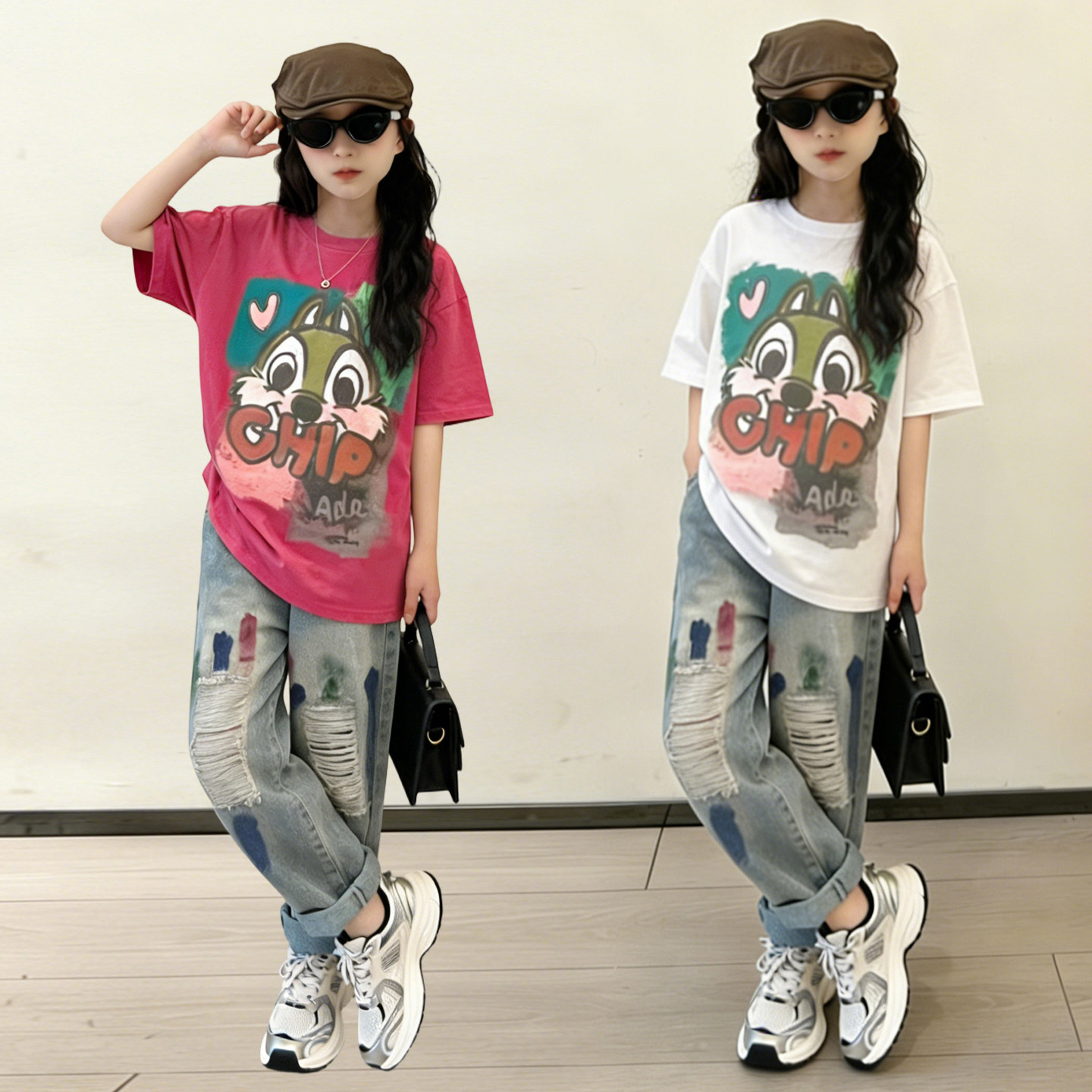 女童短袖T恤牛仔裤套装夏季儿童薄款上衣两件套女孩休闲裤衣服