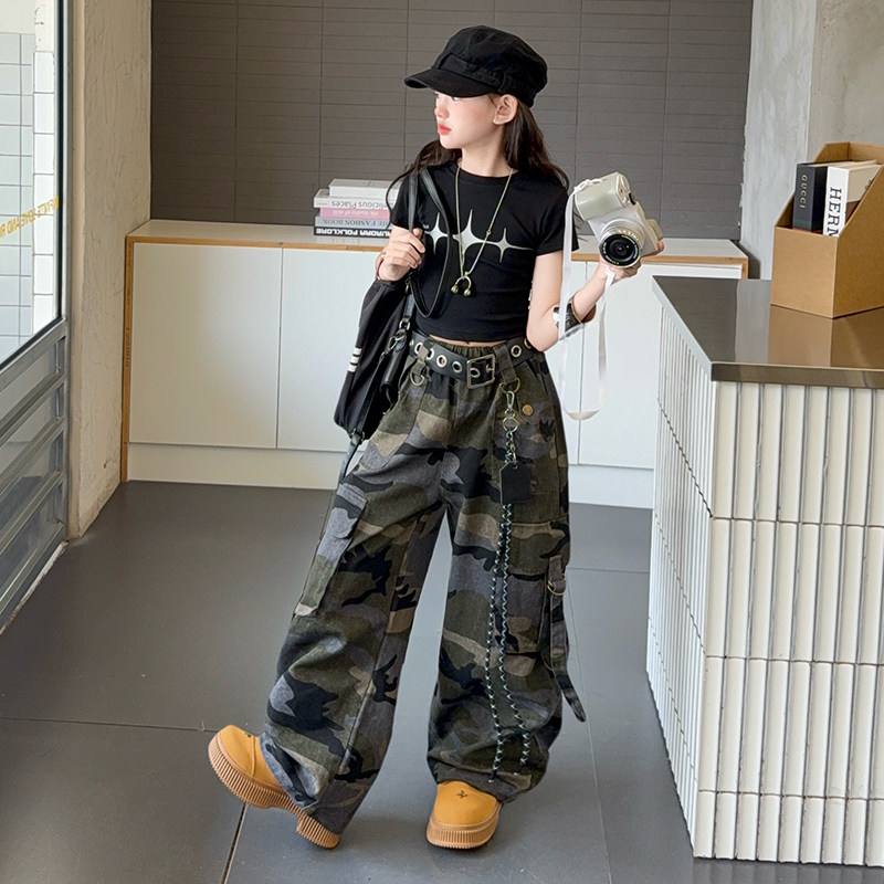 女童短袖街舞演出服夏季美式表演服女孩嘻哈潮服迷彩爵士舞服童装