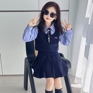 女童园服校服学院风演出服春秋儿童jk衬衫亮丝马甲衬衫裙子三件套